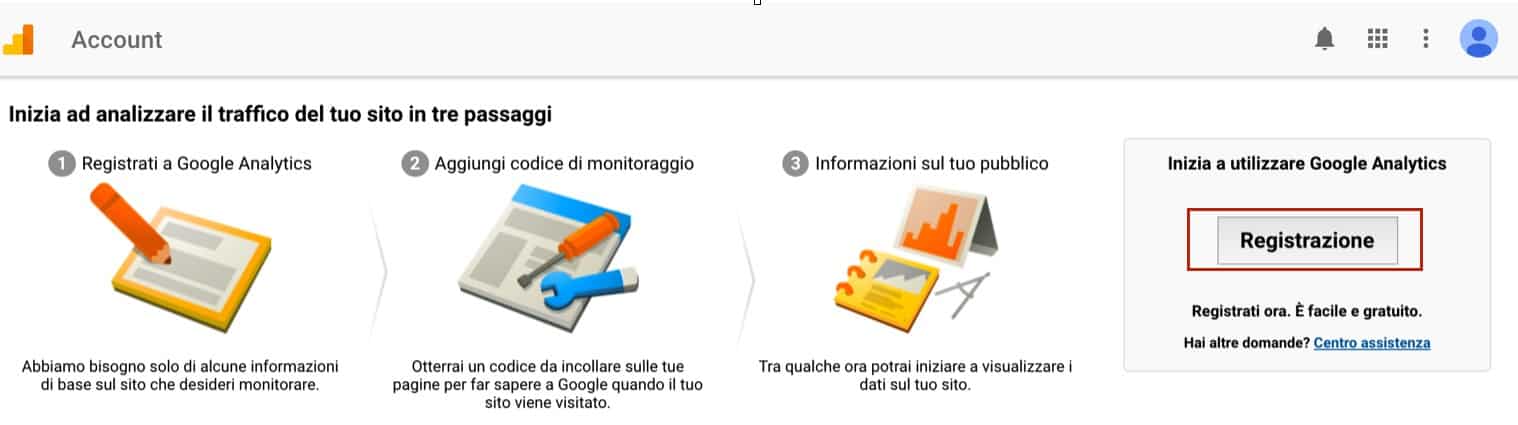 Come usare Google Analytics per sito B2B: registrazione