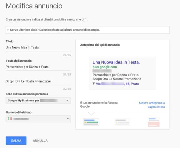 Annuncio Adwords Express