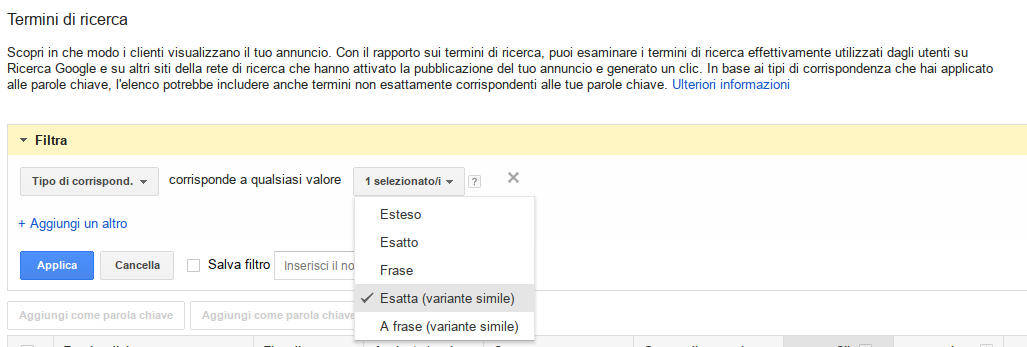 Corrispondenza Esatta di AdWords